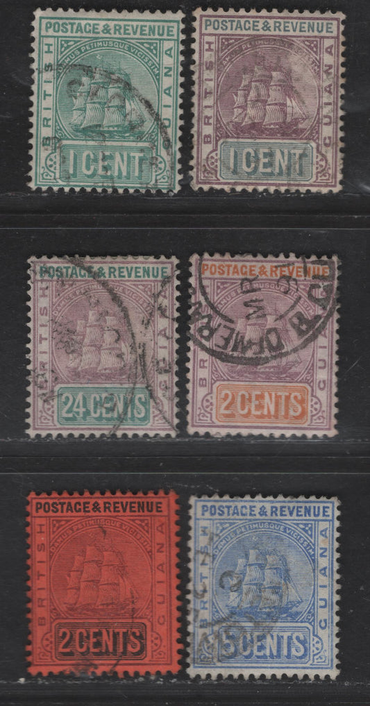 Lot 134 (C) British Guiana SG#193-194, 201, 213-215, 235 1c - 2c Dull Purple & Slate Gray -Dull Purple & Black on Red Boat, 1889-1903 Colonial Badge Keyplate Issues, 6 Fine/Very Fine Used Singles