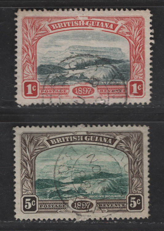 Lot 135 British Guiana SG#216w, 219w 1c - 5c Blue Black & Carmien Red - Deep Green & Sepia Mount Roraima - Kaleteur Falls, 1898 Queen Victoria's Jubilee Issue, 2 Very Fine Used Singles, Crown To Left Of CC Wmk
