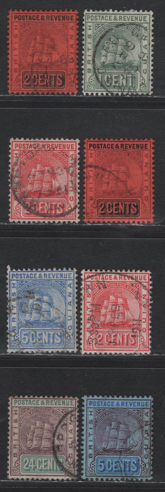 Lot 138 (C) British Guiana SG#240, 241-a, 246, 253-a, 255 1c - 24c Gray Green - Dull Purple & Green, 1905-1910 Badge of the Colony Issue, 7 Fine/Very Fine Used Singles, Ordinary & Chalky Papers On 2c Black on Red, Original & Redrawn 2c Red