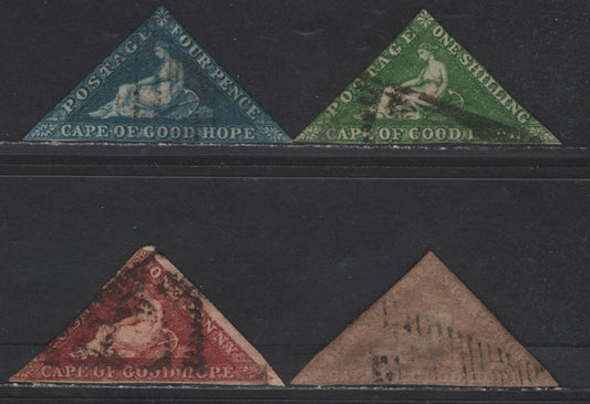Lot 141 Cape Of Good Hope SG#6-8, 18 1d - 1/- Deep Carmine Red - Bright Yellow Green Reclining Hope, 1855-1864 Triangular Reclining Hope Issues, 4 Ungraded Singles, White Paper, Perkins Bacon & De la Rue Printings, All With No Margins Or Small Faults