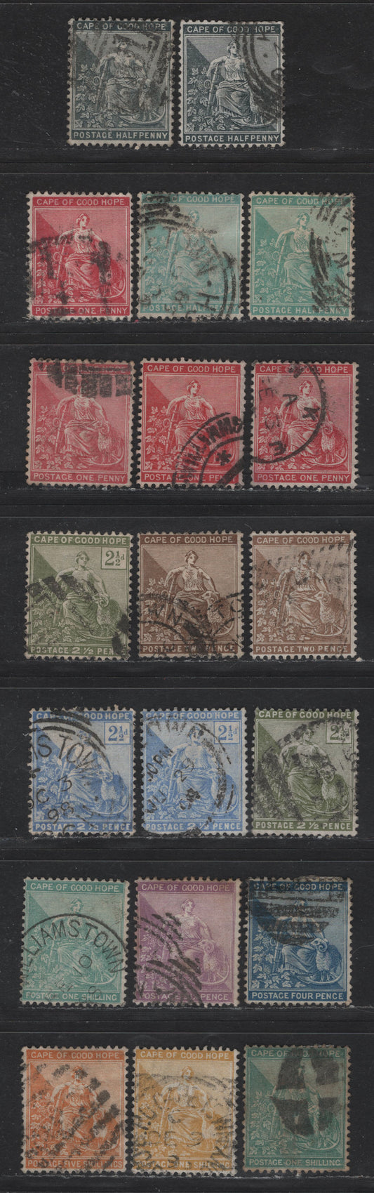 Lot 142 (C) Cape Of Good Hope SG#48-a, 49-a, 50-a, 51a, 52b, 53-a, 61-a, 63-a, 67 1/2d - 5/- Black - Brown Orange Seated Hope, 1884-1898 Seated Hope Issues, 21 Fine/Very Fine Used Singles, Includes Listed Shade Variations