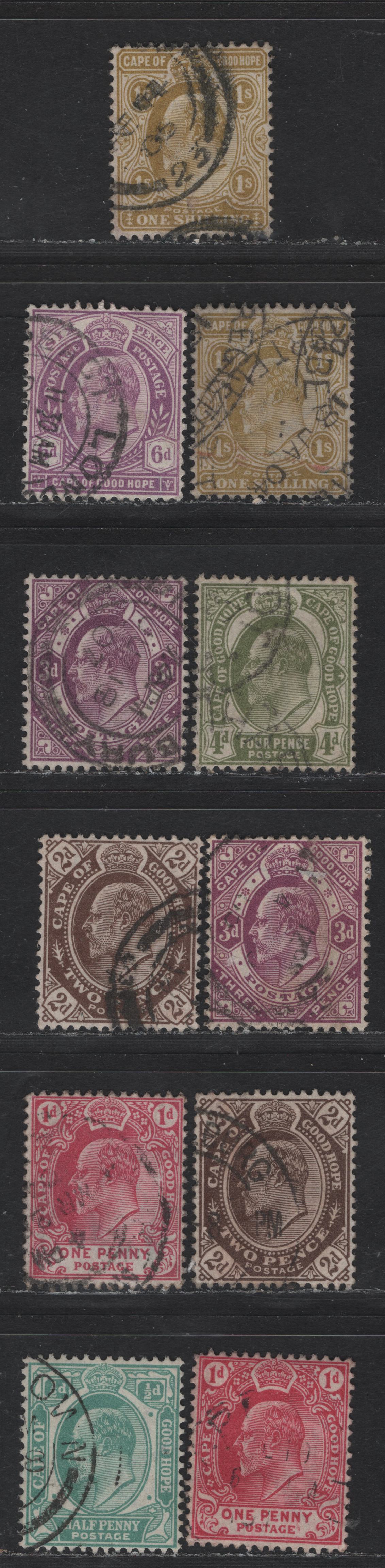 (C) Cape Of Good Hope SG#70-72, 74-77 1/2d - 1/- Green - Yellow Ochre King Edward VII, 1902-1904 King Edward VII Issue, 11 Fine/Very Fine Used Singles, Shade Variations