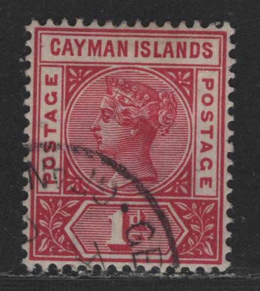 Lot 149 Cayman Islands SG#2 1d Carmine Queen Victoria, 1900 Queen Victoria Keyplate Issue, A Very Fine Used Single, Aniline Ink