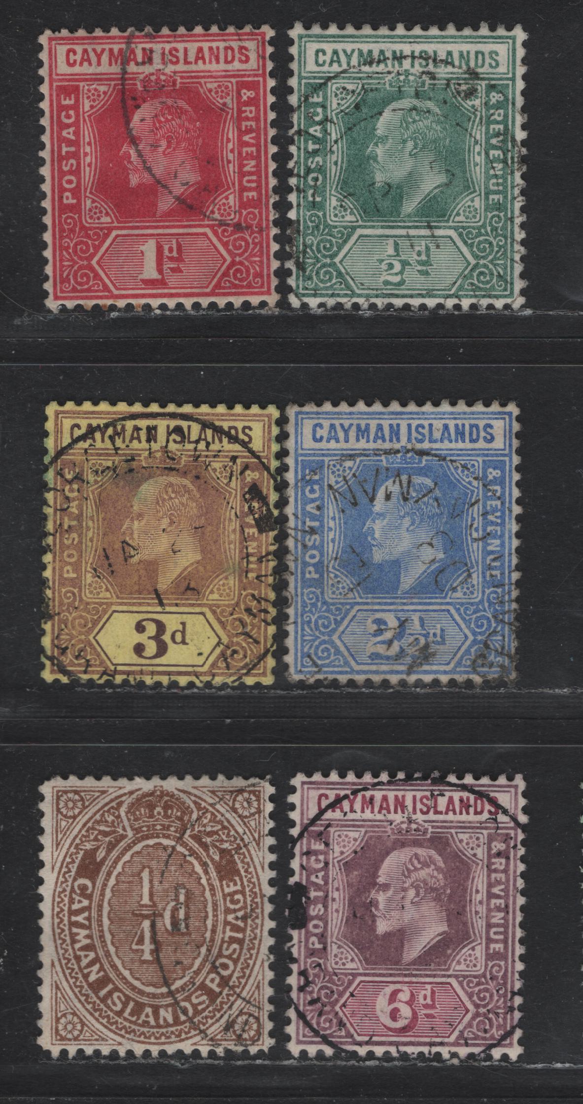 Lot 156 (C) Cayman Islands SG#25-28, 30, 38 1/2d - 6d Green -Dull Purple & Violet Purple King Edward VII, 1907-1909 King Edward VII Universal Keyplates Issue, 6 Very Fine Used Singles