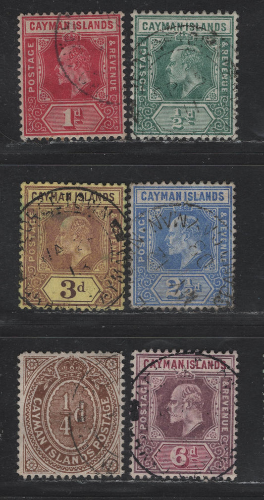 Lot 156 (C) Cayman Islands SG#25-28, 30, 38 1/2d - 6d Green -Dull Purple & Violet Purple King Edward VII, 1907-1909 King Edward VII Universal Keyplates Issue, 6 Very Fine Used Singles