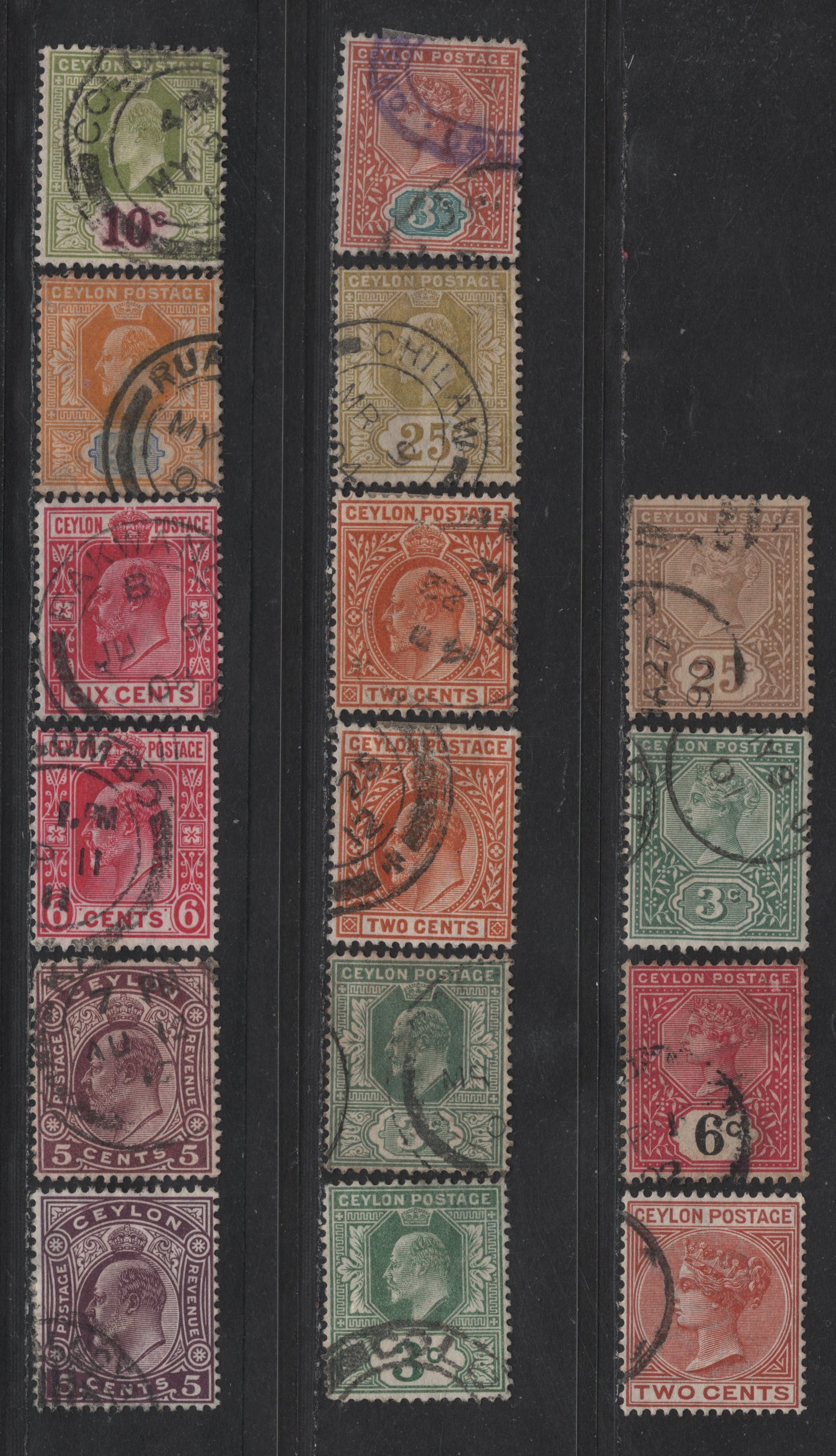 Lot 160 Ceylon SG#198/294 25c - 10c yellow Brown - Sage Green & Maroon Queen Victoria - King Edward VII, 1886-1911 Queen Victoria & King Edward VII Keyplate Issues, 14 Very Good/Fine/Very Fine Used Singles