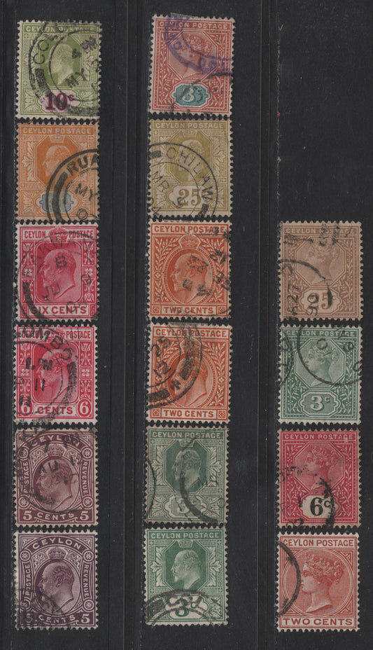 Lot 160 Ceylon SG#198/294 25c - 10c yellow Brown - Sage Green & Maroon Queen Victoria - King Edward VII, 1886-1911 Queen Victoria & King Edward VII Keyplate Issues, 14 Very Good/Fine/Very Fine Used Singles