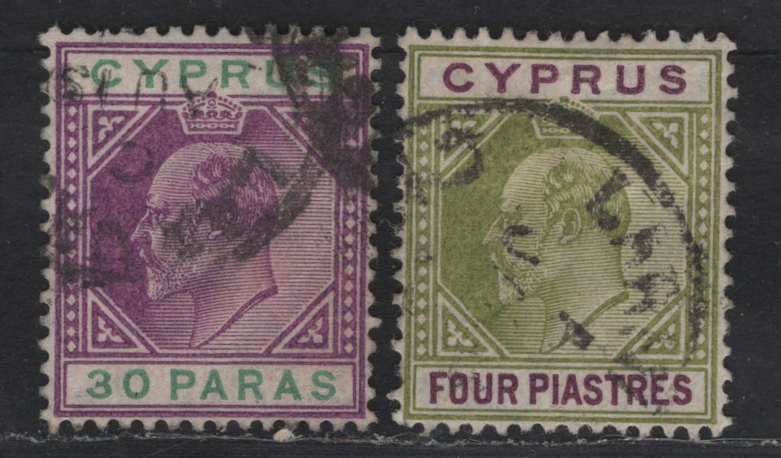 Lot 167 (C)Cyprus SG#63, 66 30pa - 4pi Purple & Green - Olive Green & Purple King Edward VII, 1904-1910 King Edward VII Keyplates Issue, 2 Very Fine Used Singles, Multiple Crown CA Wmks
