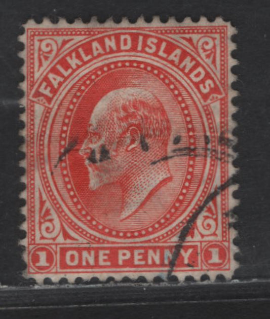 Lot 172 Falkland Islands SG#44aw 1d Vermillion King Edward VII, 1904-1912 King Edward VII Issue, A Fine Used Single, Scarce Wmk Inverted, Slight Horizontal Wrinkle Along Middle Of Stamp