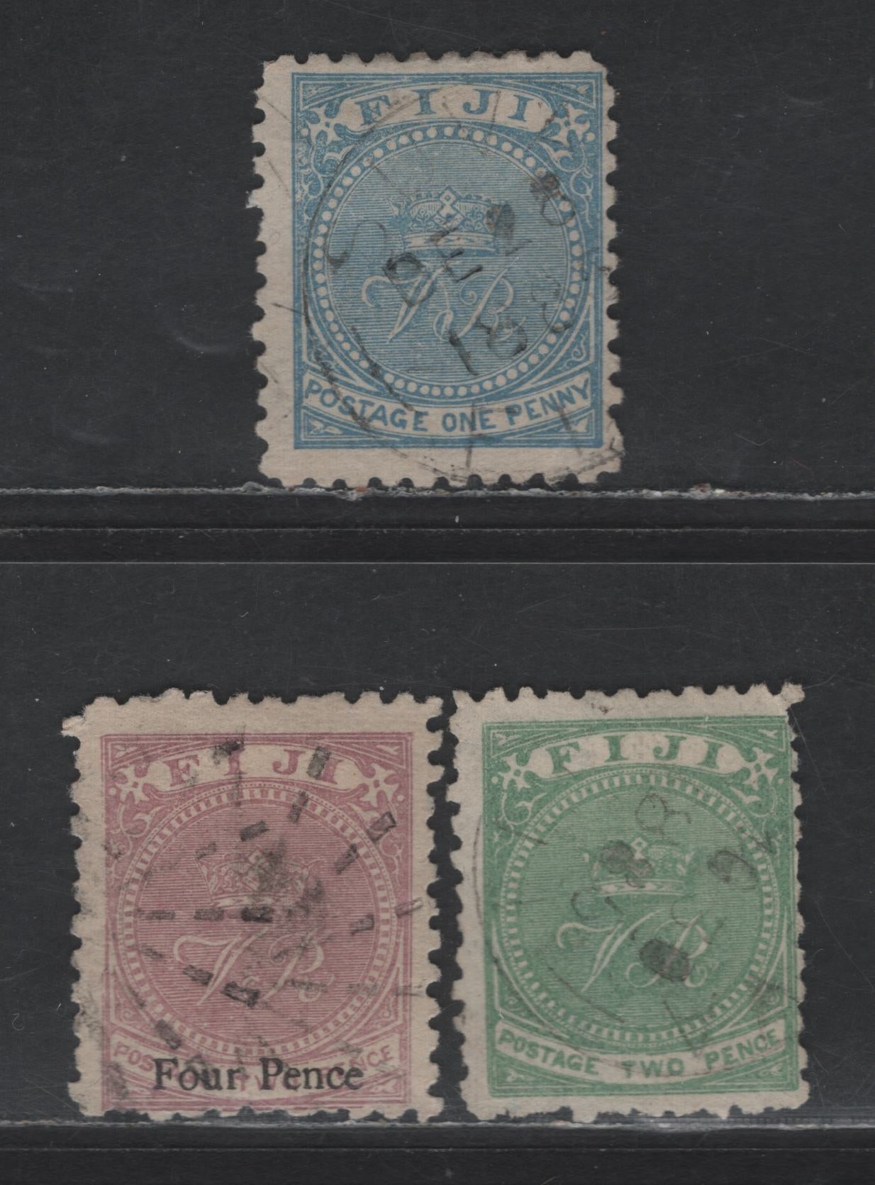 Lot 175 (C) Fiji SG#39-40, 42 1d - 4d on 2d Dull Blue - Lilac Emblems, 1878-1899 Emblems Issue, 3 Very Good/Fine Used Singles, Type A