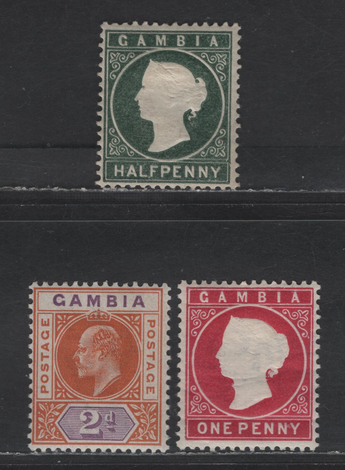 Lot 180 Gambia SG#21, 23a, 47 1/2d - 2d Myrtle Green - Orange & Mauve Cameos - King Edward VII, 1886-1905 Cameo - King Edward VII Keyplate Issues, 3 VG/FOG Singles, Crown CA Sideways & Crown CA Wmks, 1d Has A Horizontal Gum Crease
