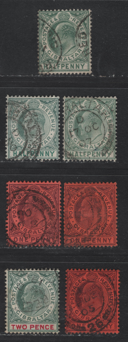 Lot 184 Gibraltar SG#56-a, 57-a, 58a 1/2d - 2d Dull & Bright Green - Gray Green & Carmine King Edward VII, 1904-1908 King Edward VII Issue, 5 Fine/Very Fine Used Singles, Multiple Crown CA Wmk, Ordinary & Chalky (2d) Papers