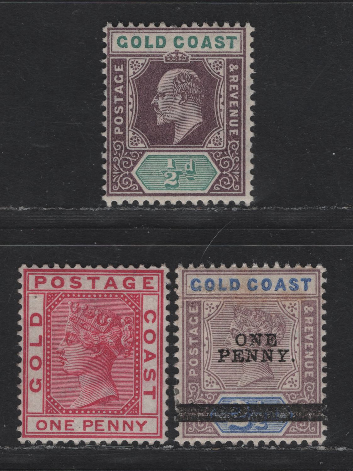 Lot 186 Gold Coast SG#12a, 35, 49 1d - 1/2d Carmine - Dull Purple & Green 1884-1906 Queen Victoria Keyplate, Surcharged & King Edward VII Issues, 3 F/VFOG Singles, Multiple Crown CA Wmk, Dry Gum on 1d, Some Discoloration At Top Of Surcharged Stamp.