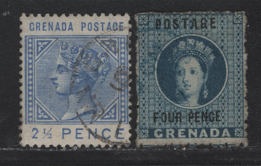 Lot 187 Grenada SG#23, 32 4d - 2.5d Blue - Ultramarine Queen Victoria, 1881-1883 Perkins Bacon Chalon Surcharged Issues, 2 Very Fine Used Singles, Crown CA Wmk