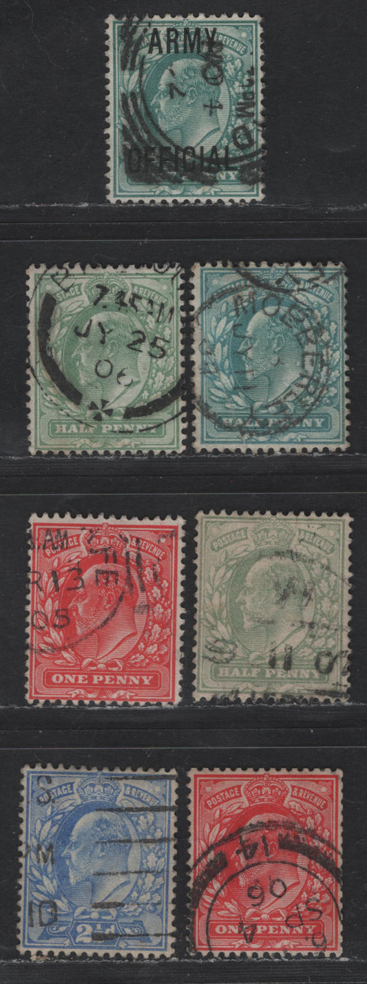 Lot 194 (C) Great Britain SG#O48, 216-220, 230 1/2d - 2.5d Blue Green - Ultramarine King Edward VII, 1902-1910 King Edward VII Issue, 7 Fine/Very Fine Used Singles, De la Rue Printing