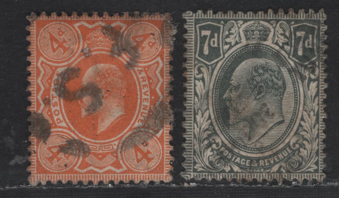 Lot 195 (C) Great Britain SG#240, 249 4d - 7d Pale Orange - Gray Black King Edward VII, 1902-1910 King Edward VII Issue, 2 Fine/Very Fine Used Singles, De la Rue Printing