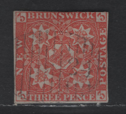 Lot 2 (C) New Brunswick #1a 3d Dark Red Flowers, 1851 Pence Issue, A Fine Used Imperf Single, Bluish Paper, Clear Strike Of The Very Rare #24 Grid Cancel For Sackville