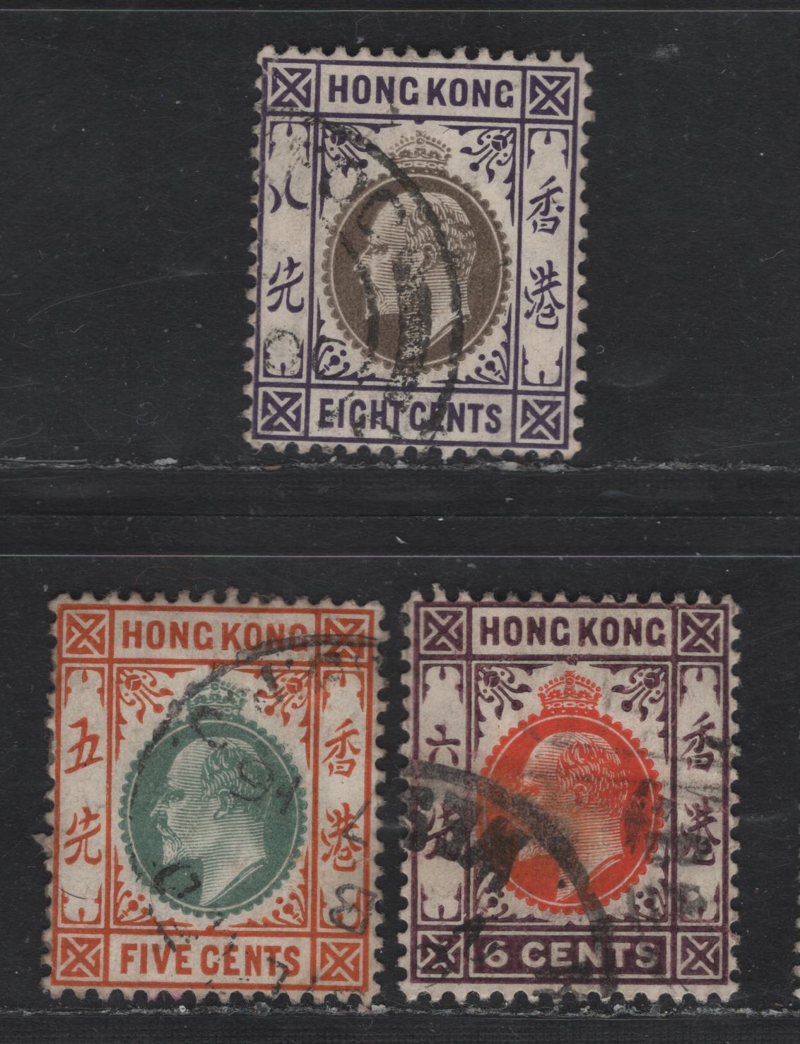 Lot 204 Hong Kong SG#79a, 80, 94 5c - 8c Dull Green & Orange Brown - Slate & Violet King Edward VII, 1904-1911 King Edward VII Issue, 3 Fine/Very Fine Used Singles, Multiple Crown CA Wmk, Chalky Paper, Small Margin Tear On 5c.