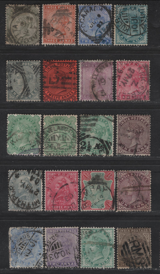 Lot 206 (C) India SG#84, 87-89, 90, 92, 94-95, 98, 100-104, 106, 111-112, 114, 116, 118 1/2a - 2a6p Deep Blue Green - Ultramarine Queen Victoria, 1882-1902 Queen Victoria Keyplates Issue, 20 Fine/Very Fine Used Singles