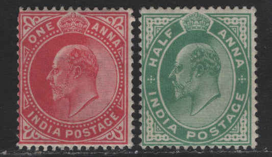 Lot 207 India SG#121, 123 1/2a - 1a Yellow Green - Carmine King Edward VII, 1902-1911 King Edward VII Issue, 2 FOG Singles