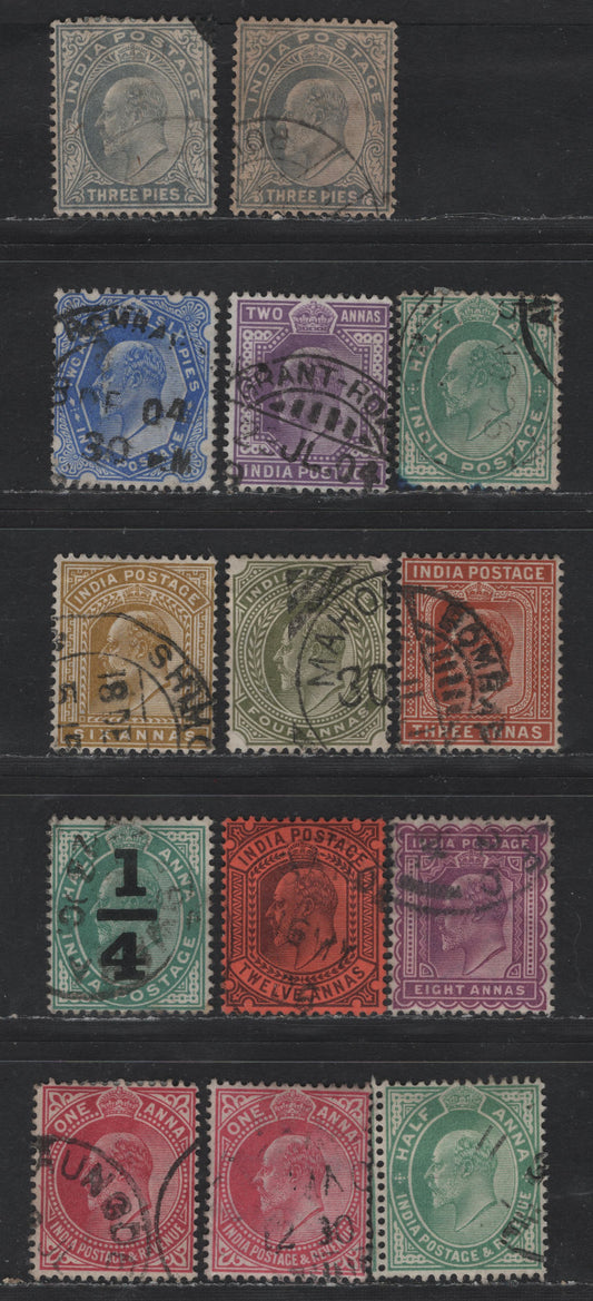 Lot 208 (C) India SG#119-121, 124, 126-128, 132-133, 135, 148-150 3p - 12a Gray - Purple on Red King Edward VII, 1902-1911 King Edward VII Issue, 13 Fine/Very Fine Used Singles