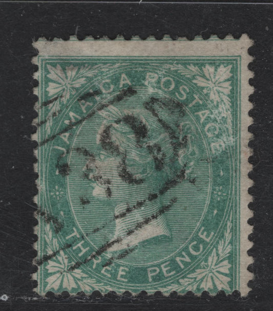 Lot 211 (C) Jamaica SG#3 3d Green Queen Victoria, 1860-1870 Queen Victoria Keyplate Issue, A Good Used Single, Pineapple Wmk, Shallow Thin At UR