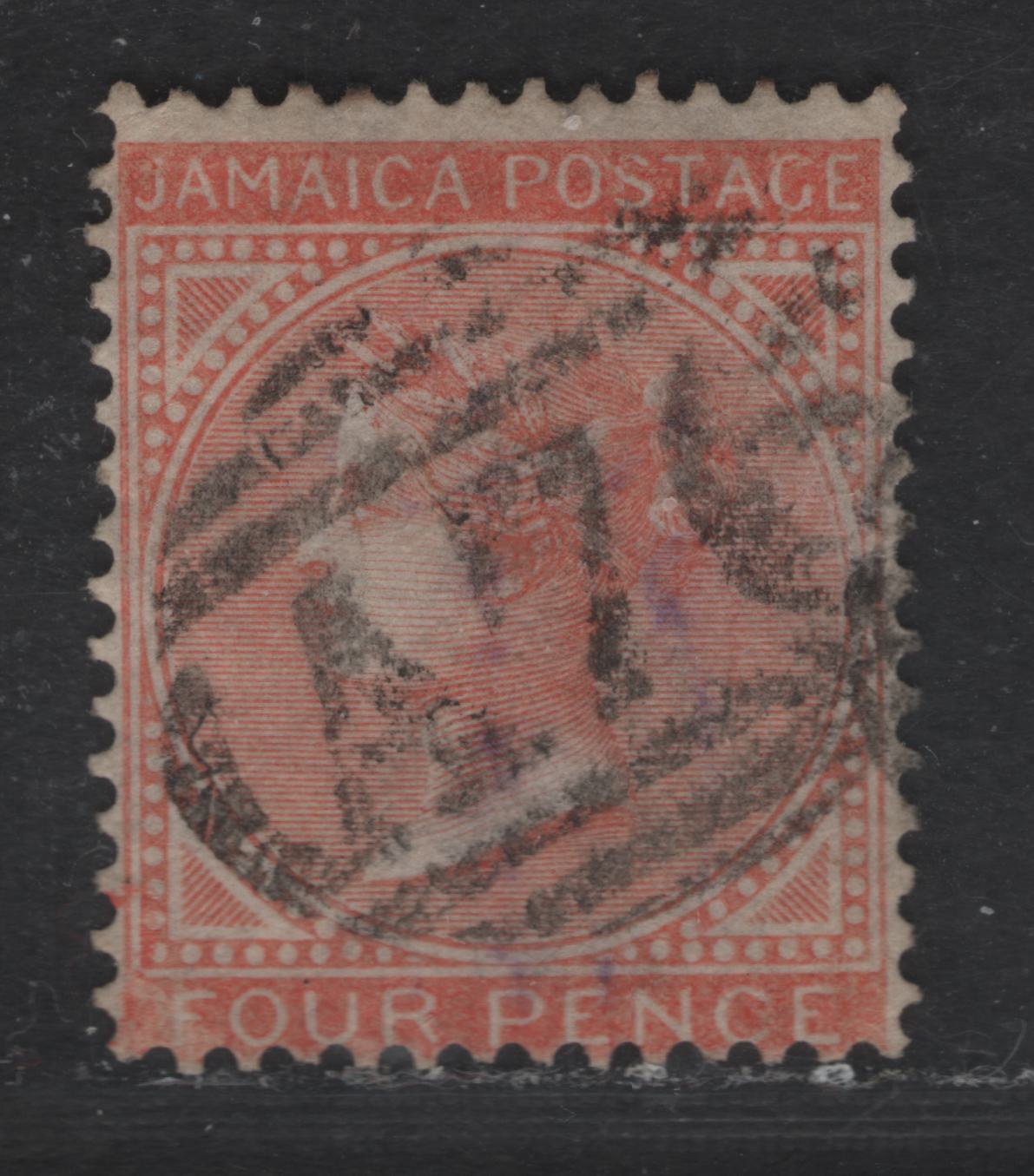 Lot 212 (C) Jamaica SG#4a 4d Red Orange Queen Victoria, 1860-1870 Queen Victoria Keyplate Issue, A Very Good Used Single, Pineapple Wmk, A76 'Spanish Town' Cancel