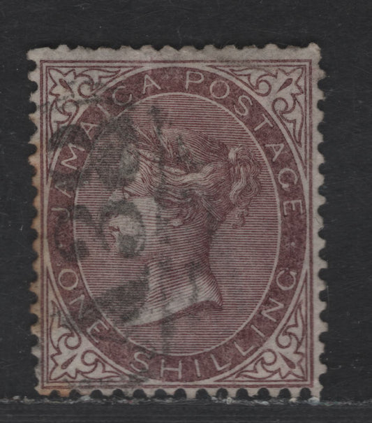 Lot 213 (C) Jamaica SG#6a 1/- Purple Brown Queen Victoria, 1860-1870 Queen Victoria Keyplate Issue, A Very Good Used Single, Pineapple Wmk, A38 Falmouth Cancel