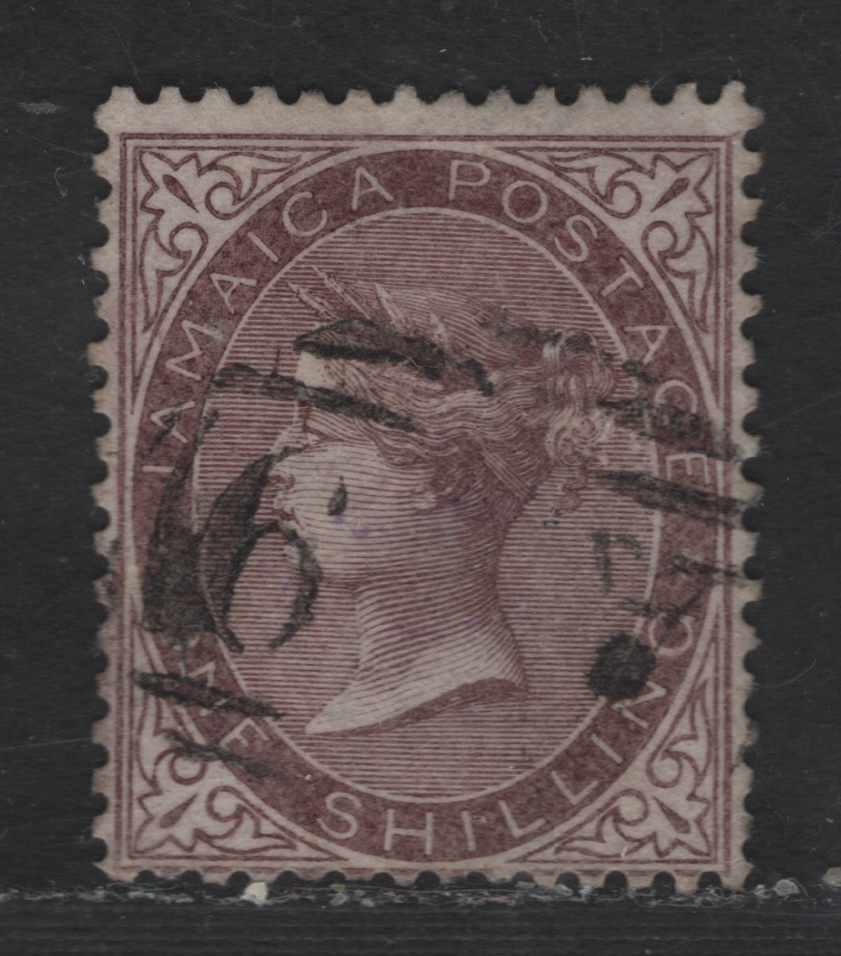 Lot 214 (C) Jamaica SG#6a 1/- Purple Brown Queen Victoria, 1860-1870 Queen Victoria Keyplate Issue, A Fine Used Single, Pineapple Wmk