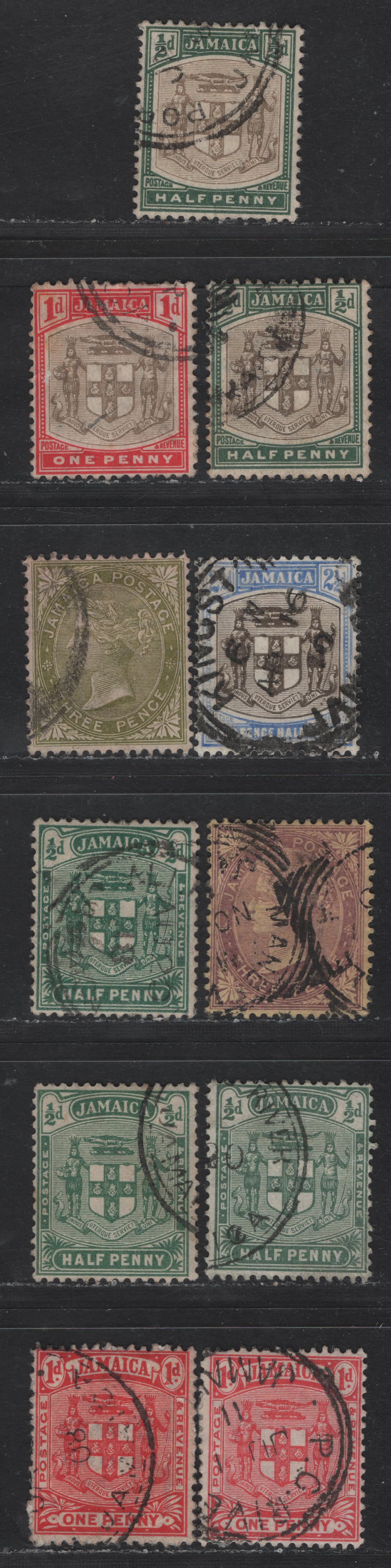 Lot 220 (C) Jamaica SG#37-41, 46, 47a, 38b-c 1/2d - 3d Gray & Dull Green - Pale Purple on Yellow Arms - Queen Victoria, 1905-1911 Arms & Queen Victoria Keyplate Issues, 9 Fine/Very Fine Used Singles, Multiple Crown CA Wmk