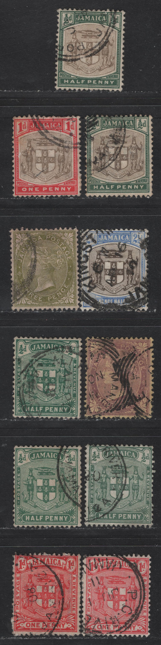 Lot 220 (C) Jamaica SG#37-41, 46, 47a, 38b-c 1/2d - 3d Gray & Dull Green - Pale Purple on Yellow Arms - Queen Victoria, 1905-1911 Arms & Queen Victoria Keyplate Issues, 9 Fine/Very Fine Used Singles, Multiple Crown CA Wmk