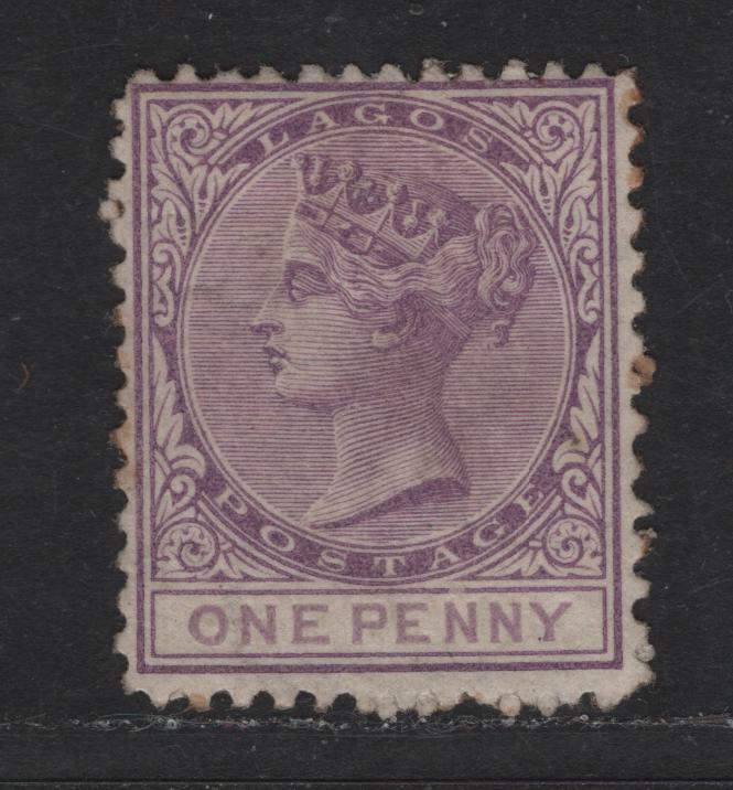 Lot 223 Lagos SG#1 1d Lilac Mauve Queen Victoria, 1874-1875 Queen Victoria Keyplate, A Fine Regummed Single, Crown CC Wmk, Perf 12.5