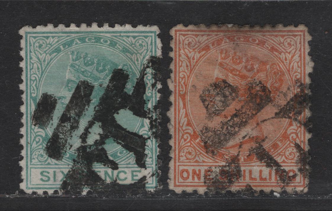 Lot 224 Lagos SG#6, 8a 6d - 1/- Blue Green - Orange Queen Victoria, 1874-1875 Queen Victoria Keyplate, 2 Fine/Very Fine Used Singles, Crown CC Wmk, Perf 12.5