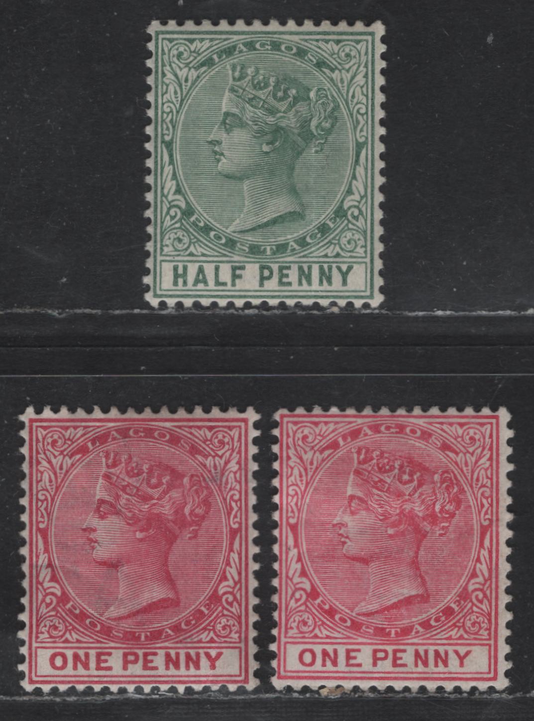 Lot 226 Lagos SG#21-22 1/2d - 1d Dull Green - Rose Carmine Queen Victoria, 1884-1903 Queen Victoria Keyplate, 2 F/VFOG Singles, Plates 1 & 2