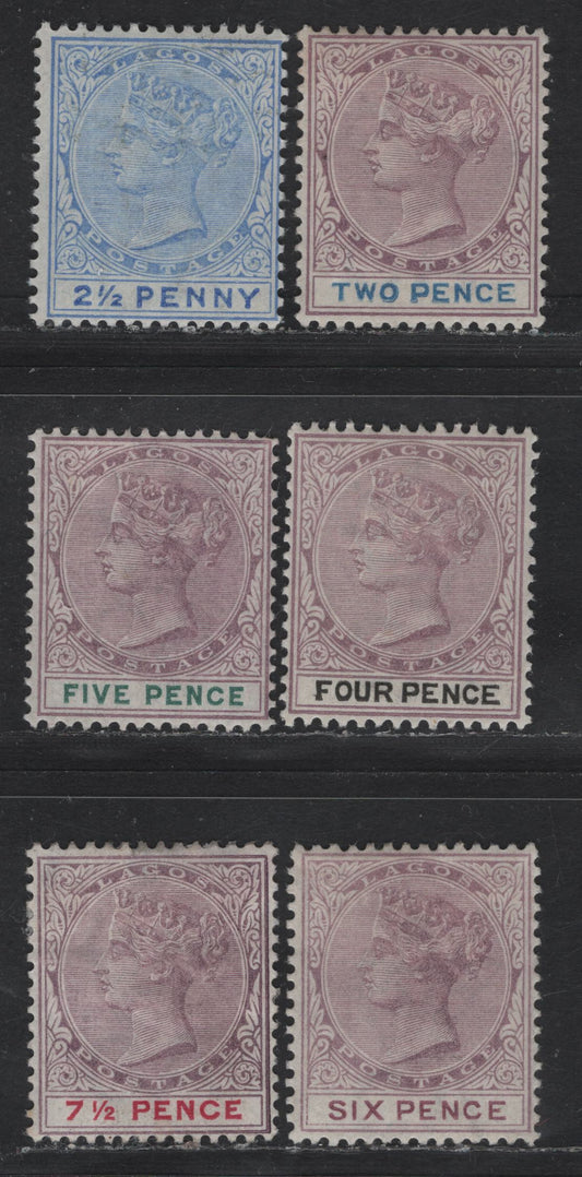Lot 229 Lagos SG#30-31, 33-36 2d - 7.5d Dull Mauve & Blue - Dull Mauve & Carmine Queen Victoria, 1887-1902 Queen Victoria Bicolored Keyplate Issue, 6 F/VFOG Singles