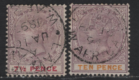 Lot 230 Lagos SG#36-37 7.5d - 10d Dull Mauve & Carmine - Dull Mauve & Yellow Queen Victoria, 1887-1902 Queen Victoria Bicolored Keyplate Issue, 2 Fine Used Singles, F/VF Appearing CDS Used Examples