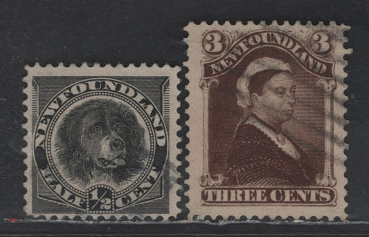 Lot 23 Newfoundland #51, 58 3c - 1/2c Umber Brown - Black Queen Victoria - Newfoundland Dog, 1880-1896 4th Cents Issue, 2 Fine Used Singles