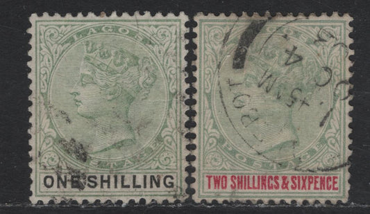 Lot 231 Lagos SG#38-39 1/- - 2/6 Yellow Green & Black - Yellow Green & Carmine Queen Victoria, 1887-1902 Queen Victoria Bicolored Keyplate Issue, 2 Very Fine Used Singles, Crown CA Wmk