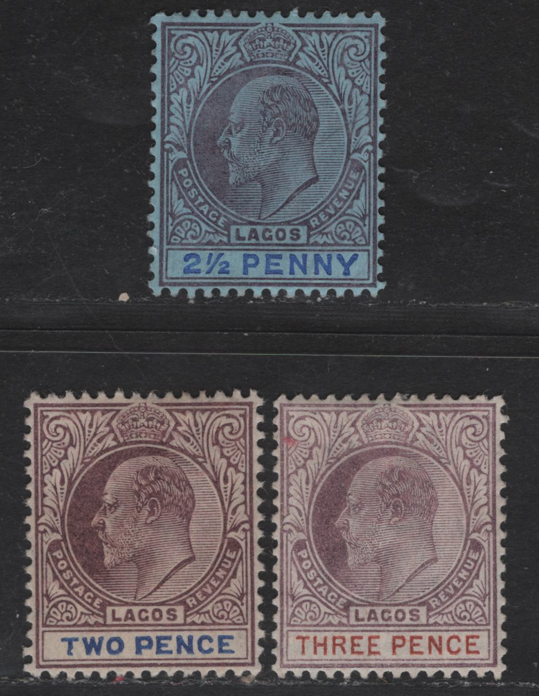 Lot 232 Lagos SG#47-48, 56 2d - 3d Dull Purple & Blue - Dull Purple & Brown King Edward VII, 1904-1906 King Edward VII Issue, 3 VFOG Singles, Crown CA & Multiple Crown CA Wmks