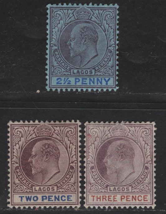 Lot 232 Lagos SG#47-48, 56 2d - 3d Dull Purple & Blue - Dull Purple & Brown King Edward VII, 1904-1906 King Edward VII Issue, 3 VFOG Singles, Crown CA & Multiple Crown CA Wmks