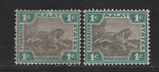 Lot 234 (C) Malayan Federation SG#15a 1c Gray & Green Tigers, 1900-1901 Tiger Definitives, 2 VFOG Singles, Crown CA Wmk