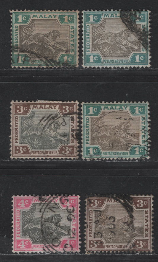 Lot 235 (C) Malayan Federation SG#15a-b, 16a-b, 17a 1c - 4c Gray & Green - Gray & Rose Tigers, 1900-1901 Tiger Definitives, 5 Very Fine Used Singles, Crown CA Wmk