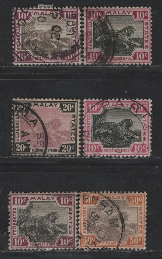 Lot 237 (C) Malayan Federation SG#43a-b,d-e, 45a, 47d 10c - 50c Gray Brown & Claret - Gray Brown & Orange Brown Tigers, 1901-1922 Tiger Definitives, 6 Fine/Very Fine Used Singles, Chalky Papers