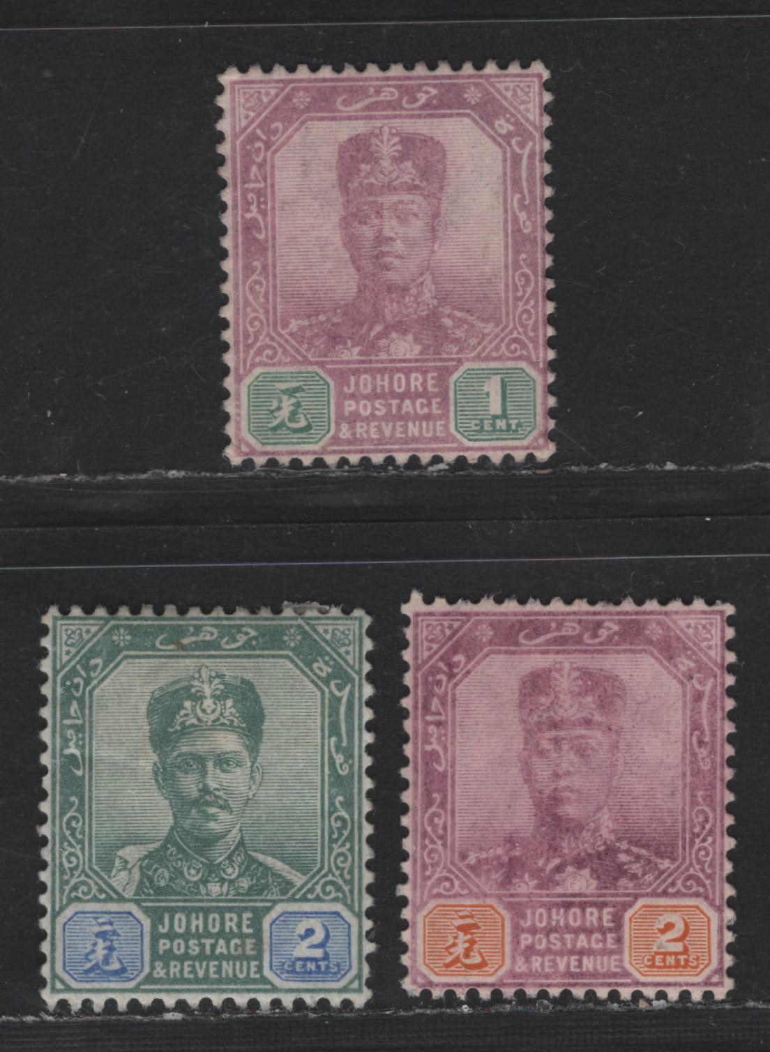 Lot 238 Johore SG#40, 61a, 62a 2c - 2c Green & Blue - Dull Purple & Orange Sultan Ibrahim, 1896-1910 Sultan Ibrahim & Sultan Sir Ibrahim Issues, 3 F/VFOG & Unused Singles, 1c & 2c Are On Chalky Paper With No Gum, Rosette Wmk
