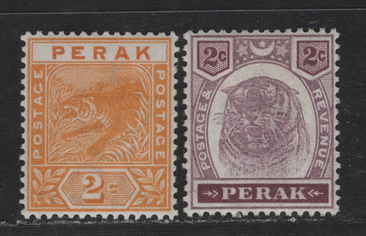 Lot 239 Malaya - Perak SG#63, 67 2c Orange - Dull Purple & Brown Tigers, 1892-1899 Tiger Keyplates, 2 VFOG/NH Singles, 2c Orange is NH