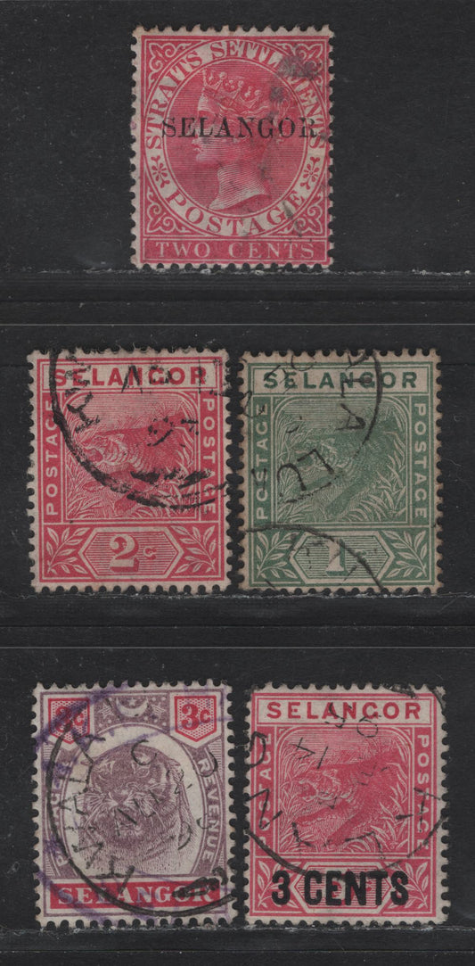 Lot 240 Malaya - Selangor SG#42, 49-50, 53-51 2c - 3c Rose - Dull Purple & Carmine Queen Victoria, 1885-1895 Overprints & Tiger Keyplates, 5 Fine/Very Fine Used Singles