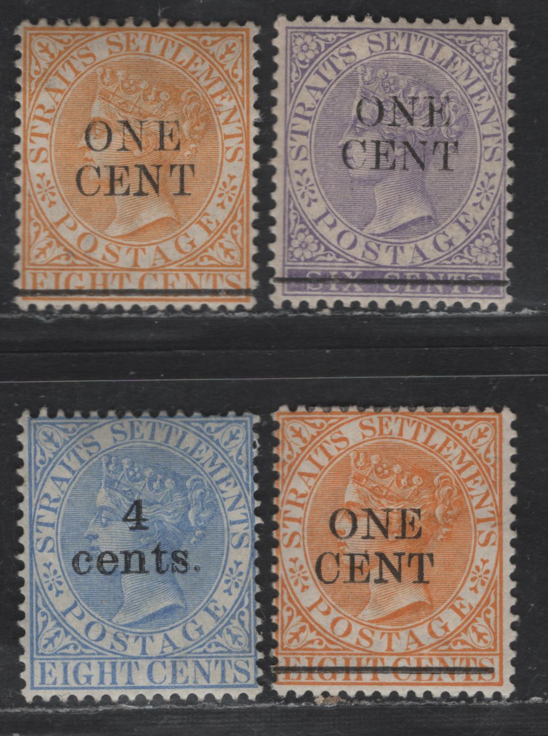 Lot 243 (C) Straits Settlements SG#90-91, 108 1c on 6c - 4c on 8c Lilac - Ultramarine Queen Victoria, 1892-1898 Surcharged Issues, 4 F/VFOG Singles, Includes Both Orange & Yellow Shades
