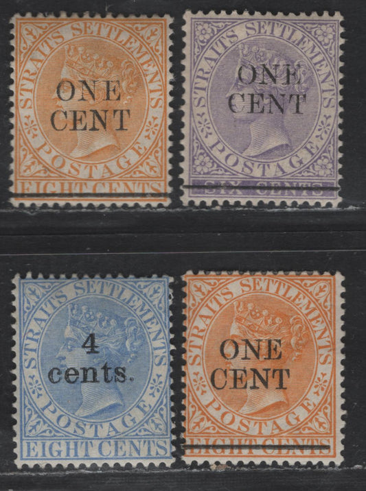 Lot 243 (C) Straits Settlements SG#90-91, 108 1c on 6c - 4c on 8c Lilac - Ultramarine Queen Victoria, 1892-1898 Surcharged Issues, 4 F/VFOG Singles, Includes Both Orange & Yellow Shades
