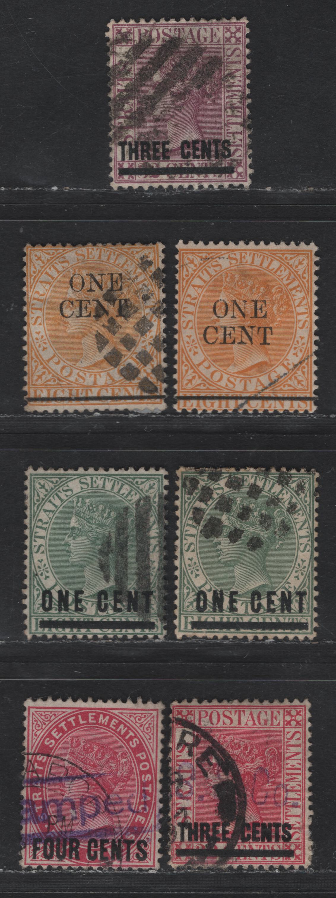 Lot 244 Straits Settlements SG#83, 91, 93-94, 109 3c on 32c - 4c on 5c Deep Magenta - Carmine Queen Victoria, 1895-1899 Surcharged Issue, 5 Fine/Very Fine Used Singles