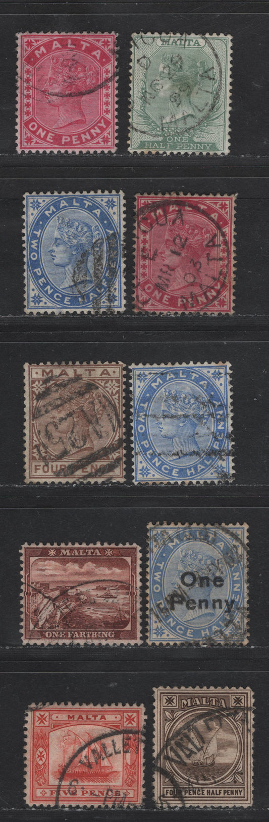 Lot 250 (C) Malta SG#20, 22, 25-27, 31w, 32-33 1/2d - 5d Green - Vermillion Queen Victoria, 1885-1901 Queen Victoria Keyplates & Valetta Harbor/Ship Issues, 8 Fine/Very Fine Used Singles, Crown CA Wmk